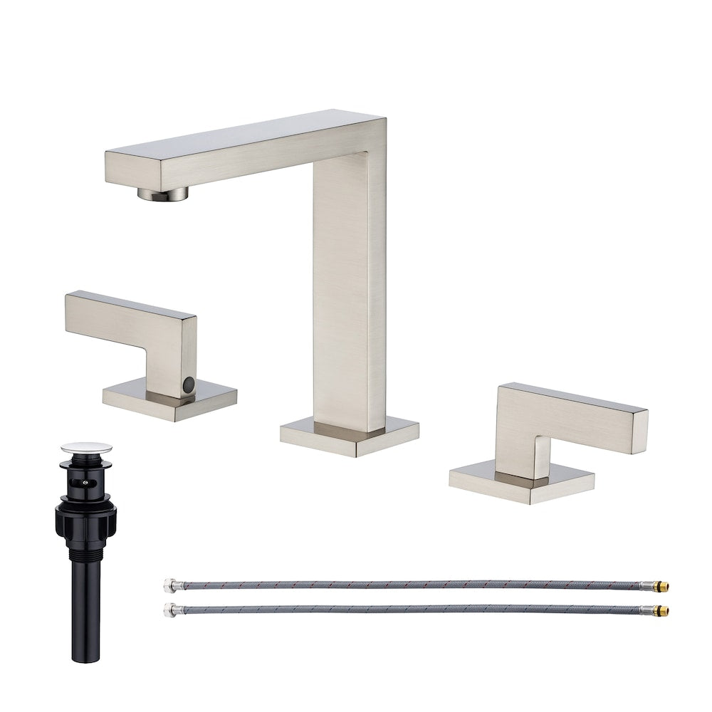 A6 2-Handle Square Widespread Bathroom Faucet with Drain Assembly in Brushed Nickel