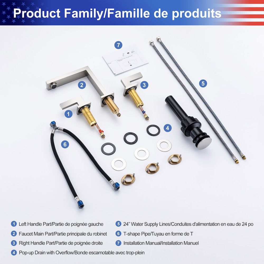 A6 2-Handle Square Widespread Bathroom Faucet with Drain Assembly in Brushed Nickel