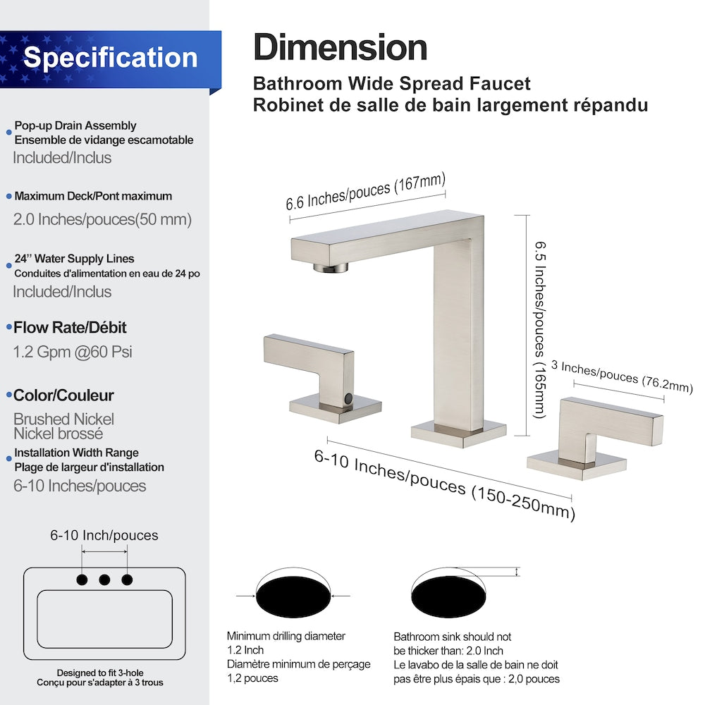 A6 2-Handle Square Widespread Bathroom Faucet with Drain Assembly in Brushed Nickel