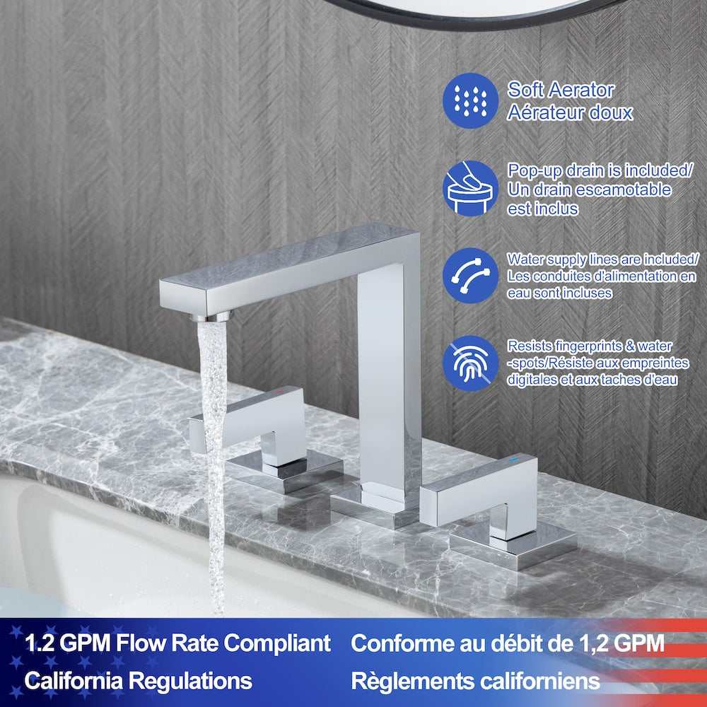 A6 2-Handle Square Widespread Bathroom Faucet with Drain Assembly in Chrome