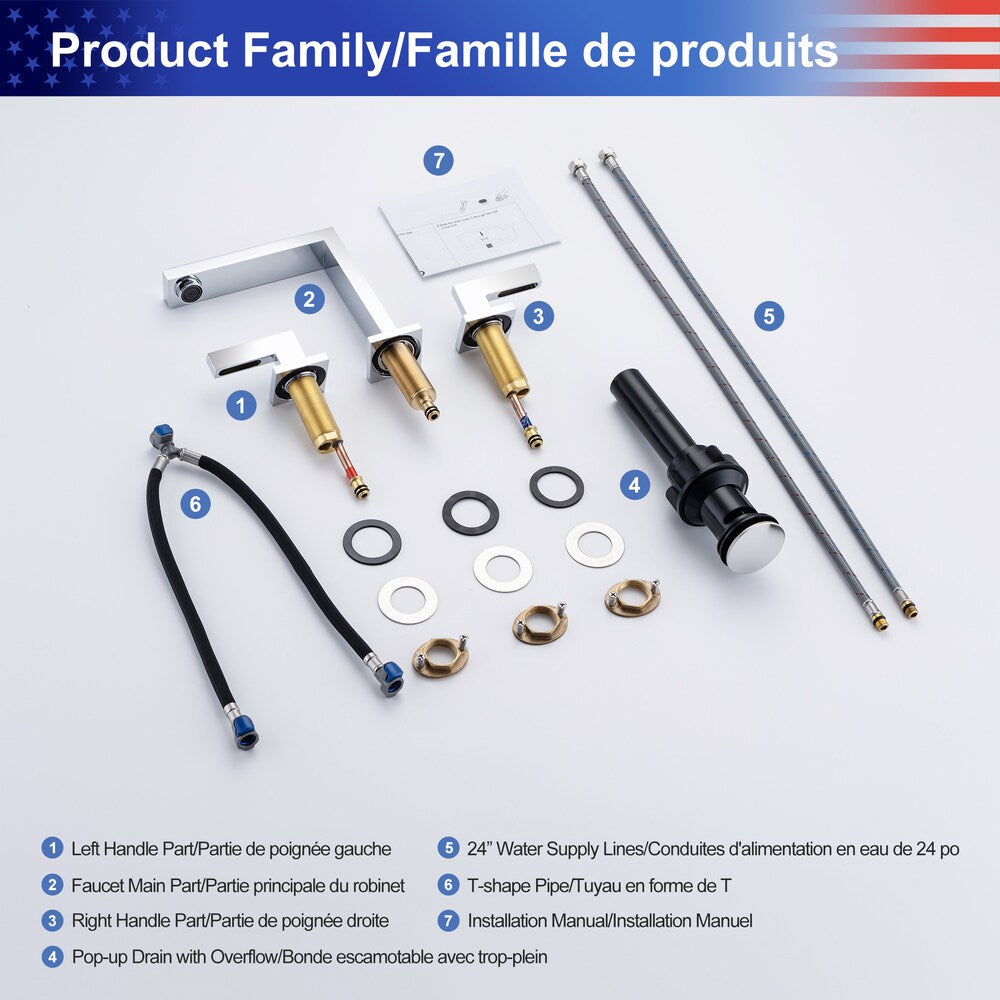 A6 2-Handle Square Widespread Bathroom Faucet with Drain Assembly in Chrome