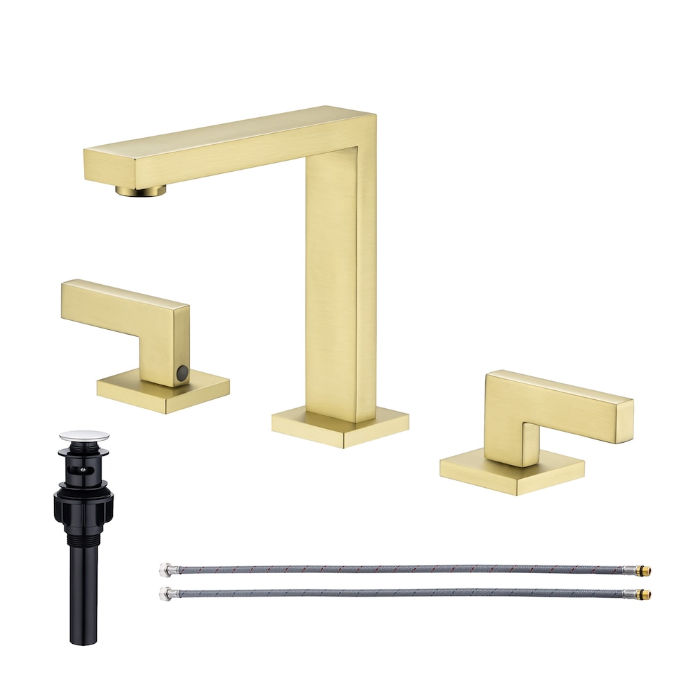 A6 2-Handle Square Widespread Bathroom Faucet with Drain Assembly in Brushed Gold