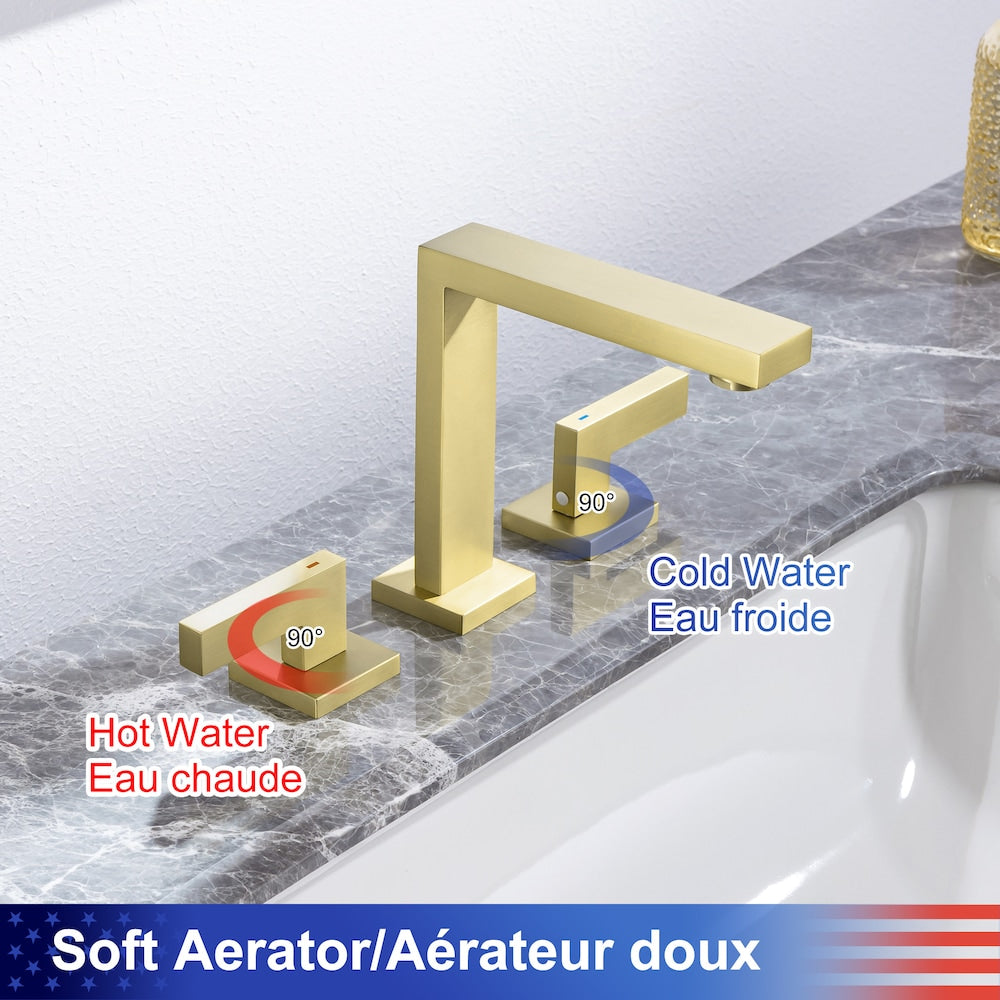 A6 2-Handle Square Widespread Bathroom Faucet with Drain Assembly in Brushed Gold