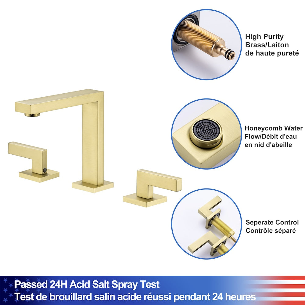 A6 2-Handle Square Widespread Bathroom Faucet with Drain Assembly in Brushed Gold