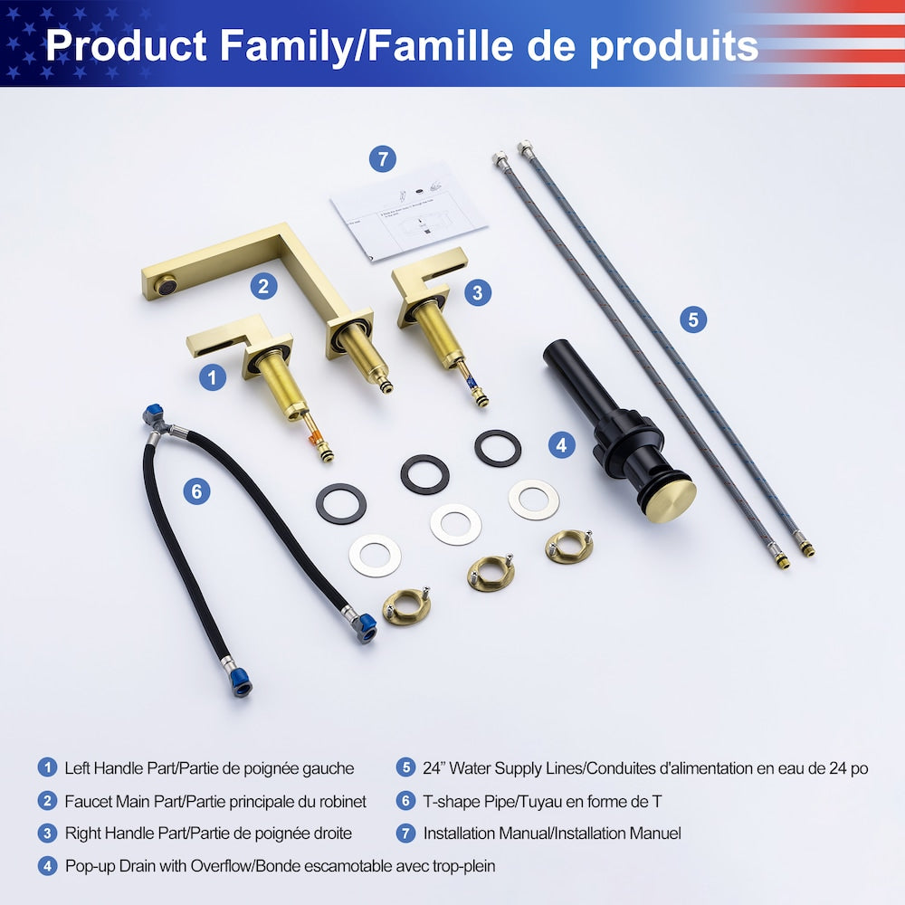 A6 2-Handle Square Widespread Bathroom Faucet with Drain Assembly in Brushed Gold