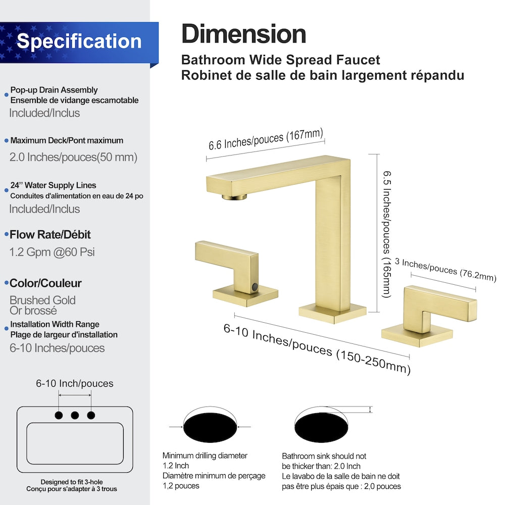 A6 2-Handle Square Widespread Bathroom Faucet with Drain Assembly in Brushed Gold