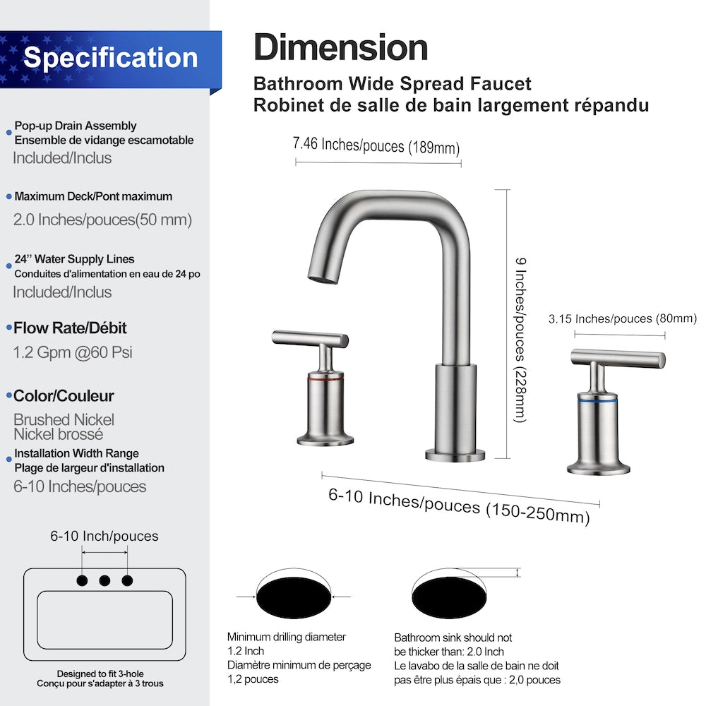 A9 2-Handle Widespread Faucet 2-handle Bathroom Faucet in Brushed Nickel