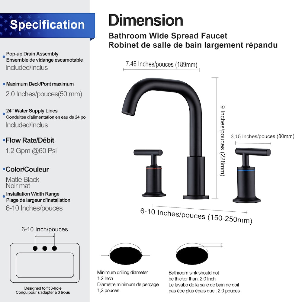 A9 2-Handle Widespread Bathroom Faucet with Drain Assembly in Matte Black