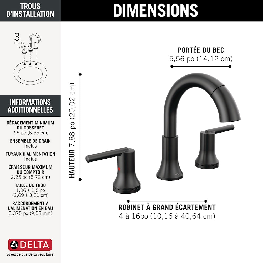 Robinet de salle de bain à deux poignées et à bec rétractable de 8 po Trinsic en noir mat