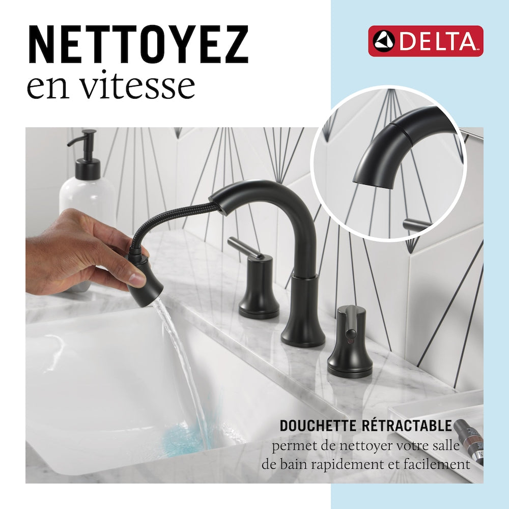 Robinet de salle de bain à deux poignées et à bec rétractable de 8 po Trinsic en noir mat