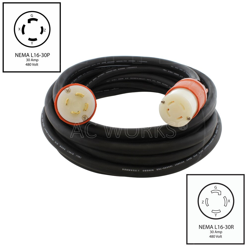 50ft SOOW 10/4 NEMA L16-30 30A 3-Phase 480V Industrial Rubber Extension Cord
