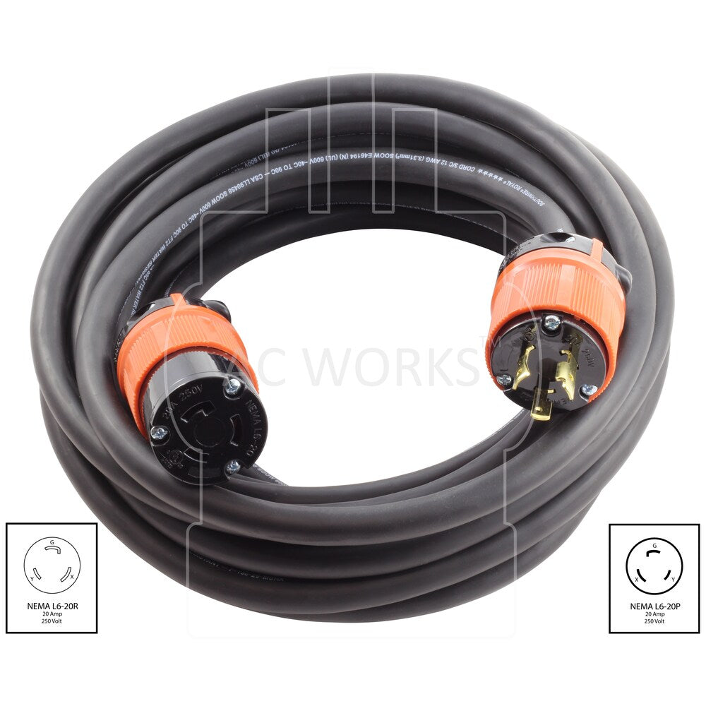100ft SOOW 12/3 NEMA L6-20 20A 250V Rubber Extension Cord