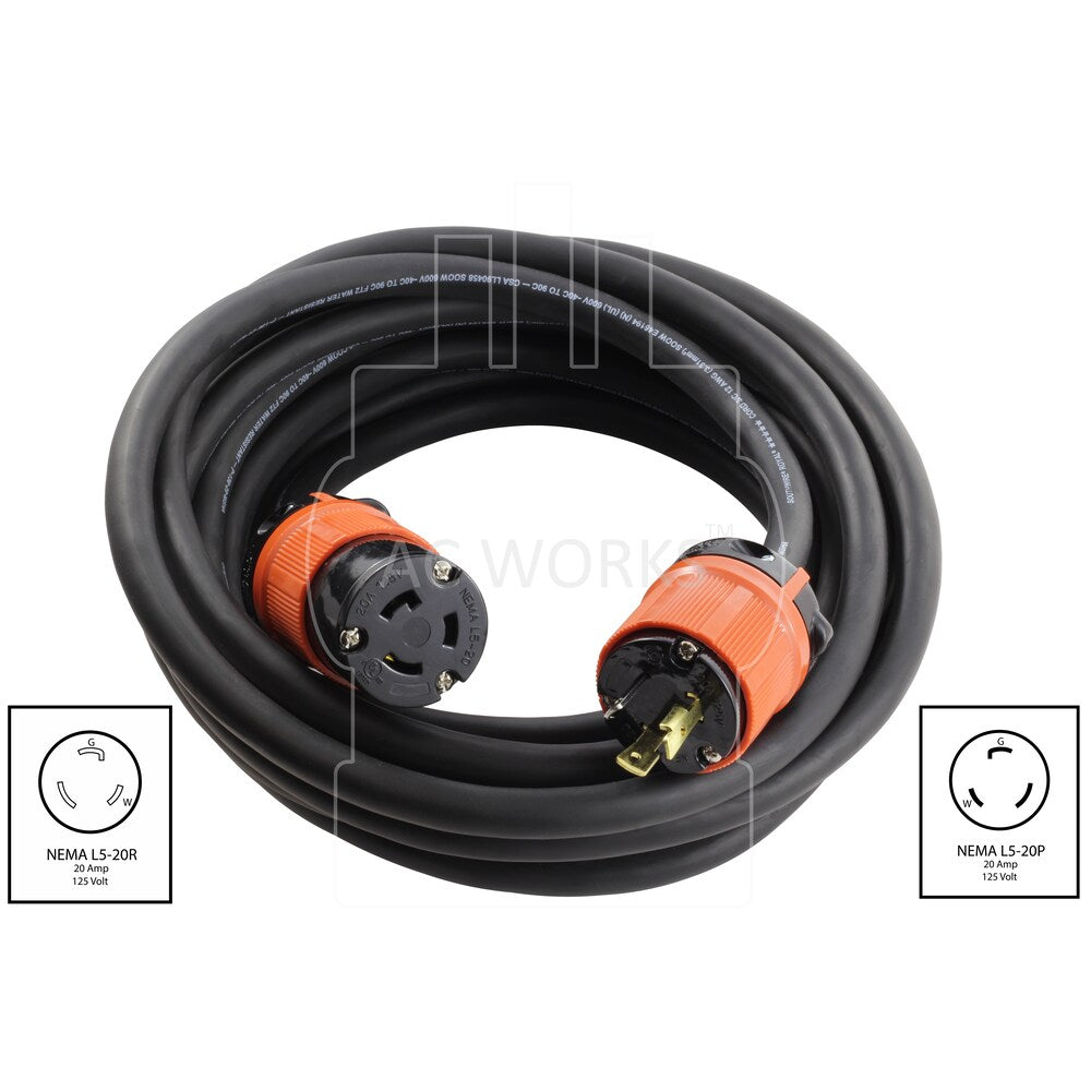 25ft SOOW 12/3 NEMA L5-20 20A 125V Rubber Extension Cord