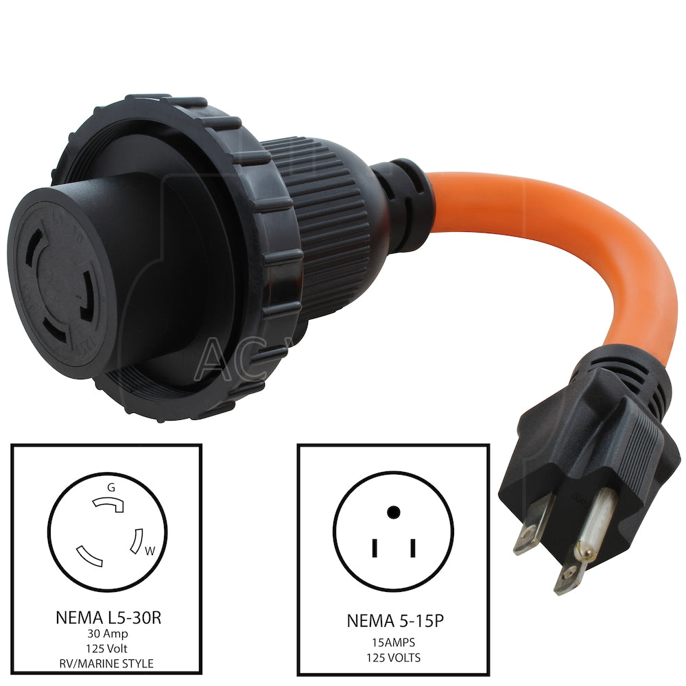 1ft Household Adapter 15A Plug to 30A RV/Marine L5-30R Female Connector