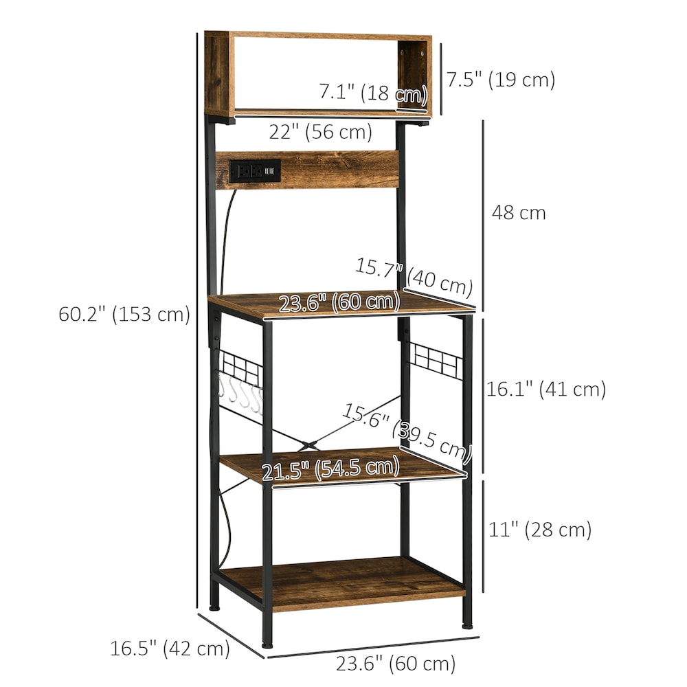 Kitchen Bakers Rack with Power Outlet, USB Charger, 5 Hooks