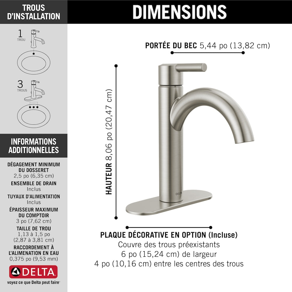 Robinet de salle de bain monotrou à bec en J Nicoli en acier inoxydable