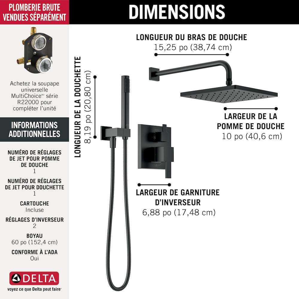 Modern Shower Kit 2-Handle 1-Spray Square 10-Inch Raincan Wall Mount Fixed and Handheld Shower Head 1.75 GPM in Matte Black (Rougn-in Valve Included)