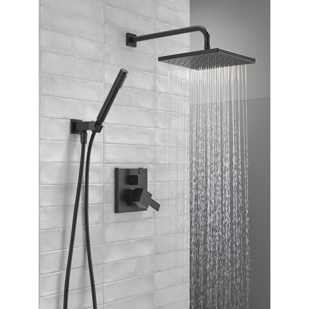 Modern Shower Kit 2-Handle 1-Spray Square 10-Inch Raincan Wall Mount Fixed and Handheld Shower Head 1.75 GPM in Matte Black (Rougn-in Valve Included)