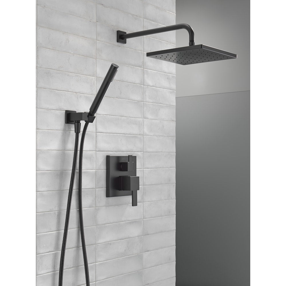 Modern Shower Kit 2-Handle 1-Spray Square 10-Inch Raincan Wall Mount Fixed and Handheld Shower Head 1.75 GPM in Matte Black (Rougn-in Valve Included)
