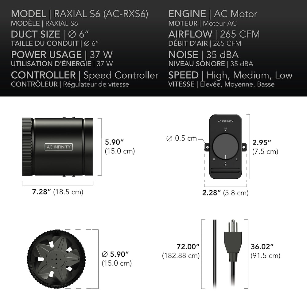Raxial S6, inline booster duct fan with speed controller, 6-inch