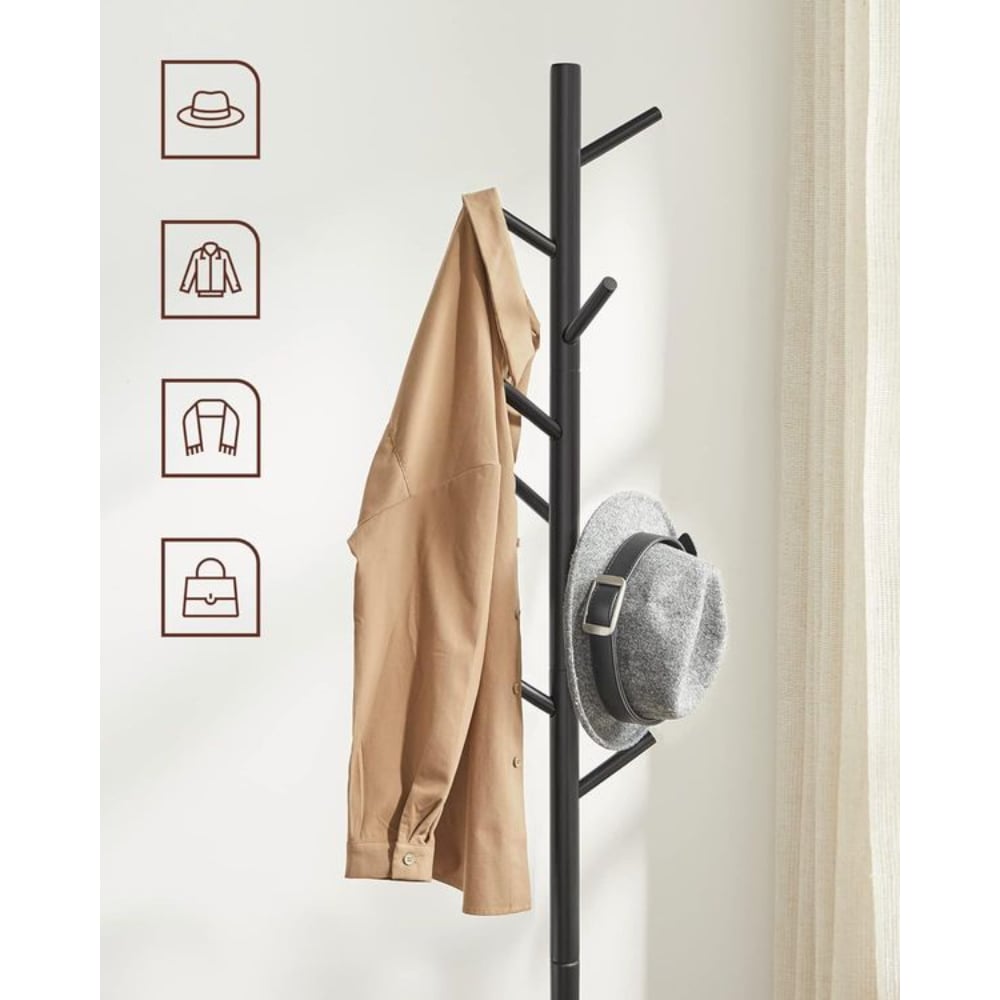 Adjustable Free-standing Coat Rack with 8 Hooks & 3 Height Options, Black