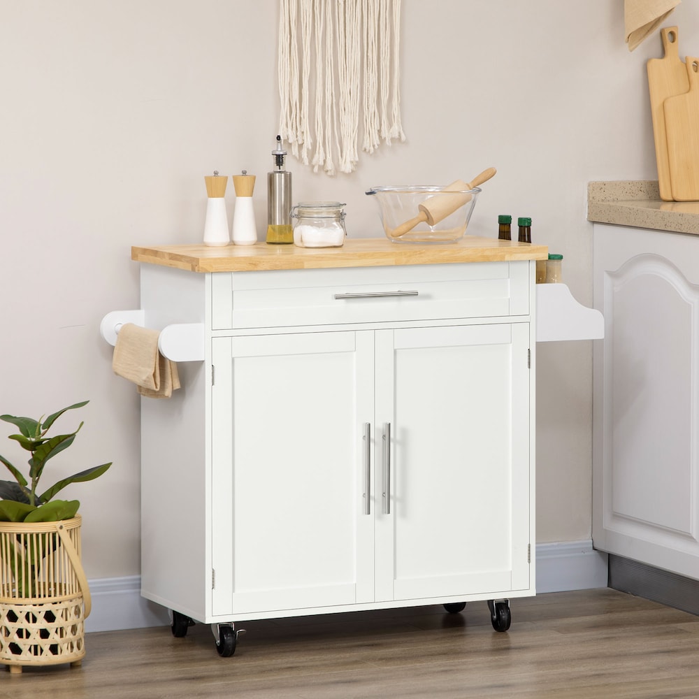 43-inch W Kitchen Island with Storage, Drawer, Spice Rack, Towel Rack in White