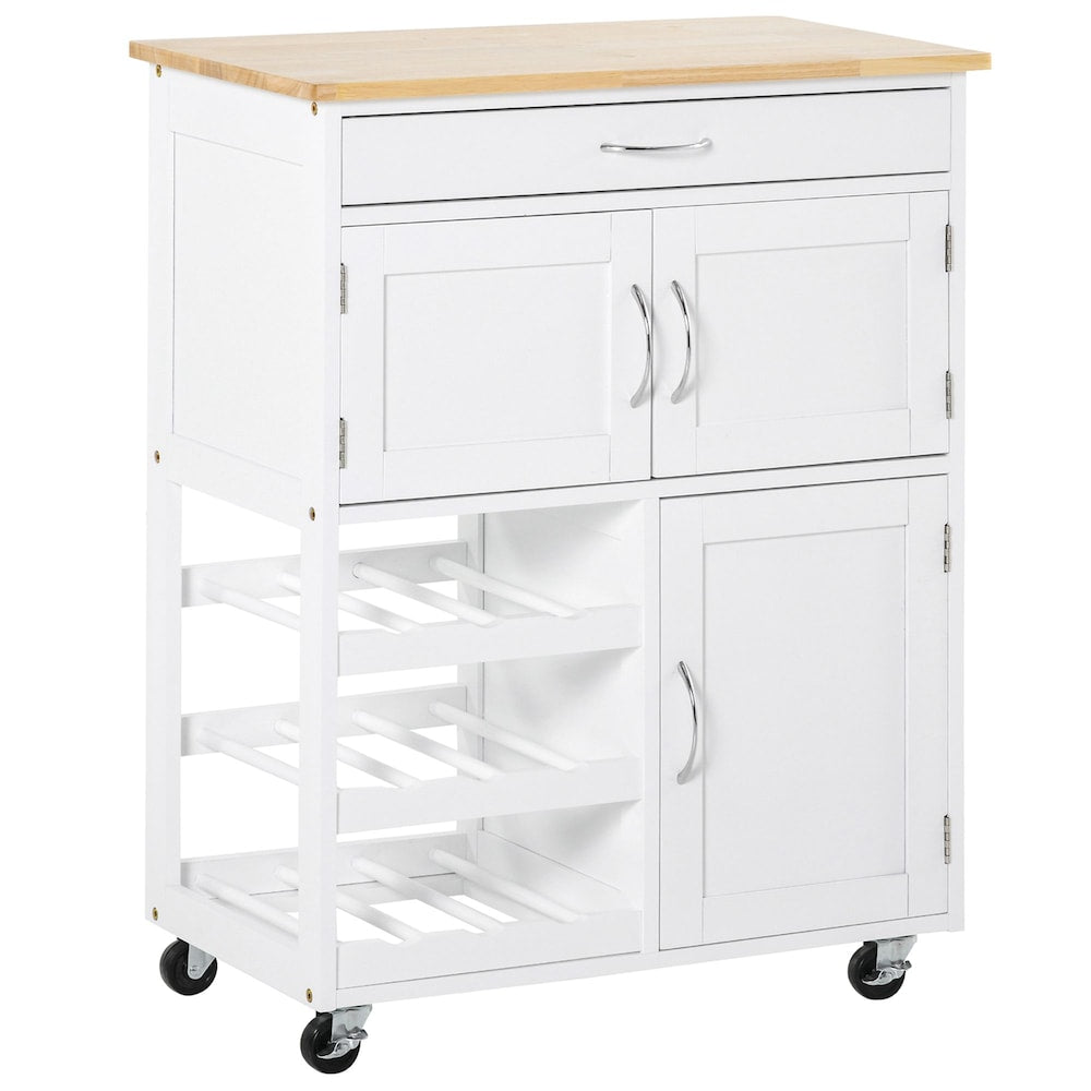 26-inch W Rolling Kitchen Cart with Drawer, 9-Bottle Wine Rack in White