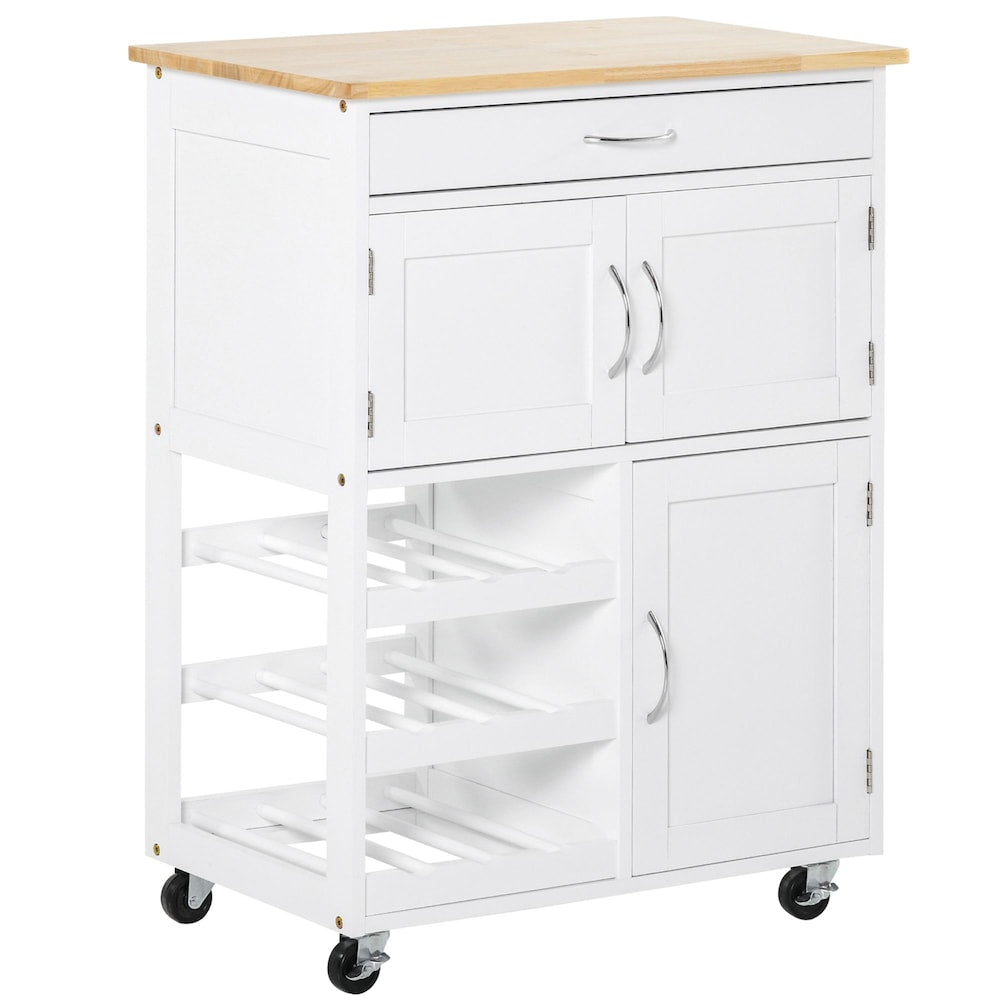 26-inch W Rolling Kitchen Cart with Drawer, 9-Bottle Wine Rack in White