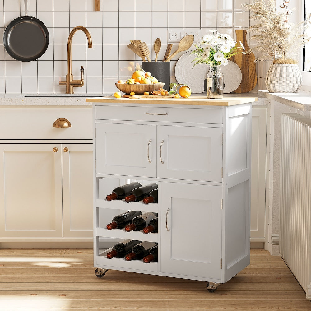 26-inch W Rolling Kitchen Cart with Drawer, 9-Bottle Wine Rack in White