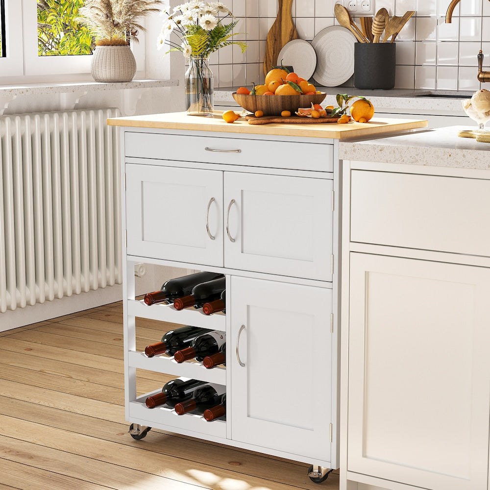 26-inch W Rolling Kitchen Cart with Drawer, 9-Bottle Wine Rack in White