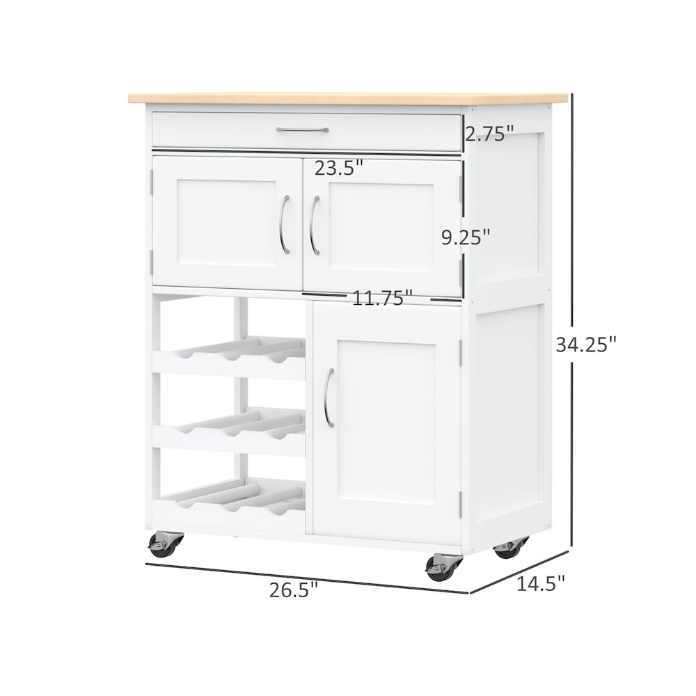 26-inch W Rolling Kitchen Cart with Drawer, 9-Bottle Wine Rack in White