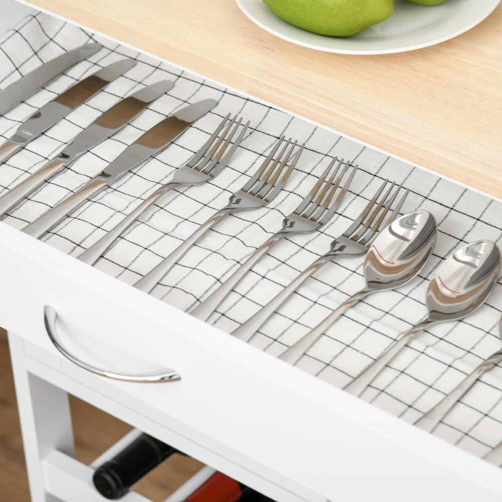 26-inch W Rolling Kitchen Cart with Drawer, 9-Bottle Wine Rack in White