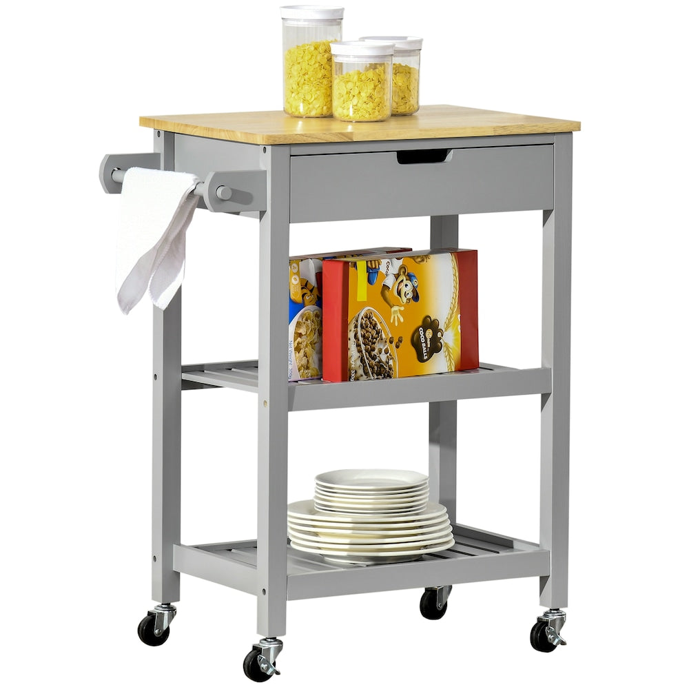 26-inch W Rolling Kitchen Cart with Drawer, Shelves and Towel Rack in Gray
