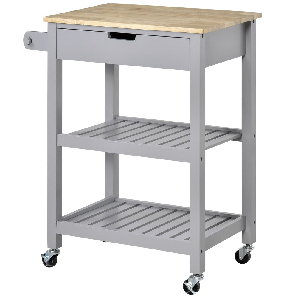 26-inch W Rolling Kitchen Cart with Drawer, Shelves and Towel Rack in Gray