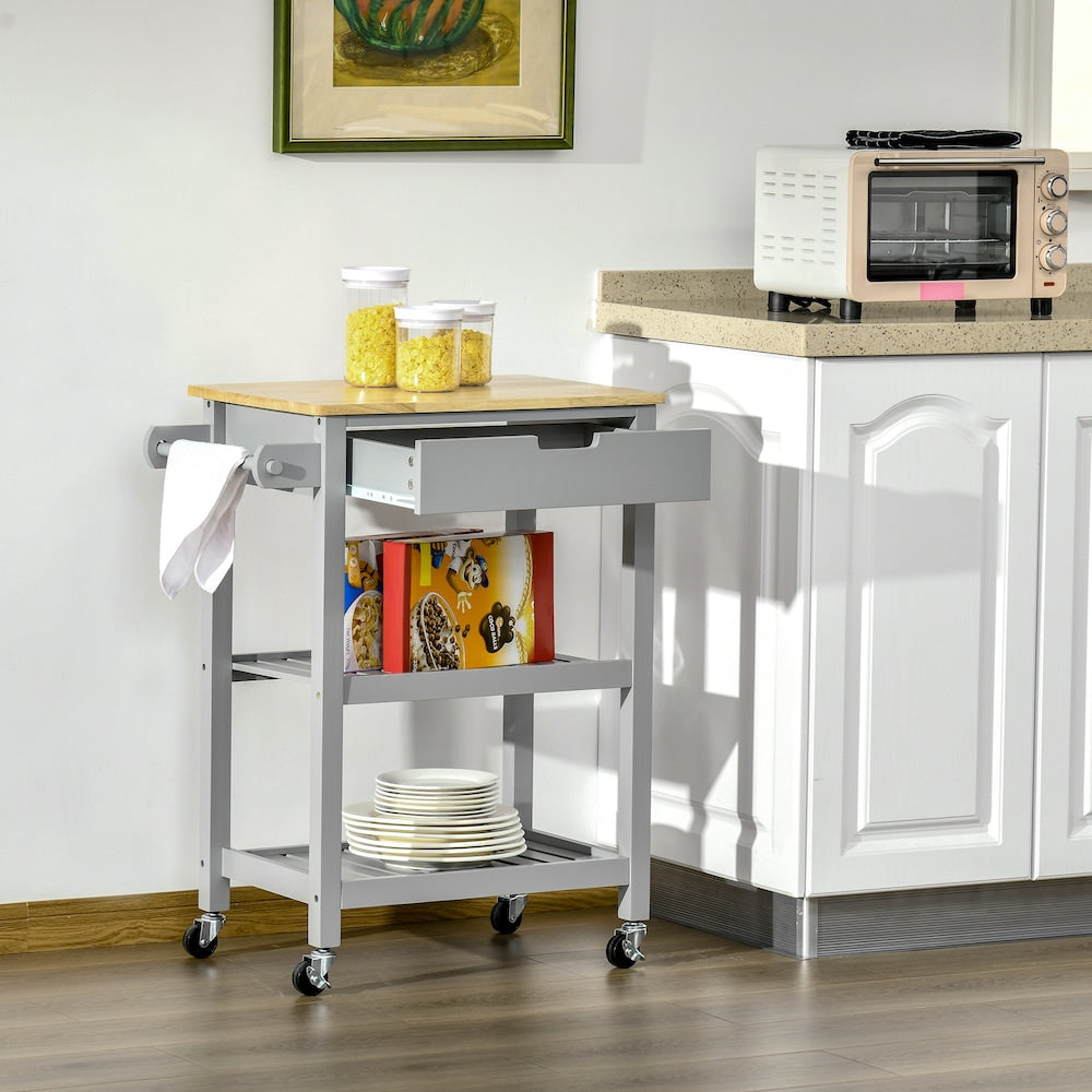 26-inch W Rolling Kitchen Cart with Drawer, Shelves and Towel Rack in Gray