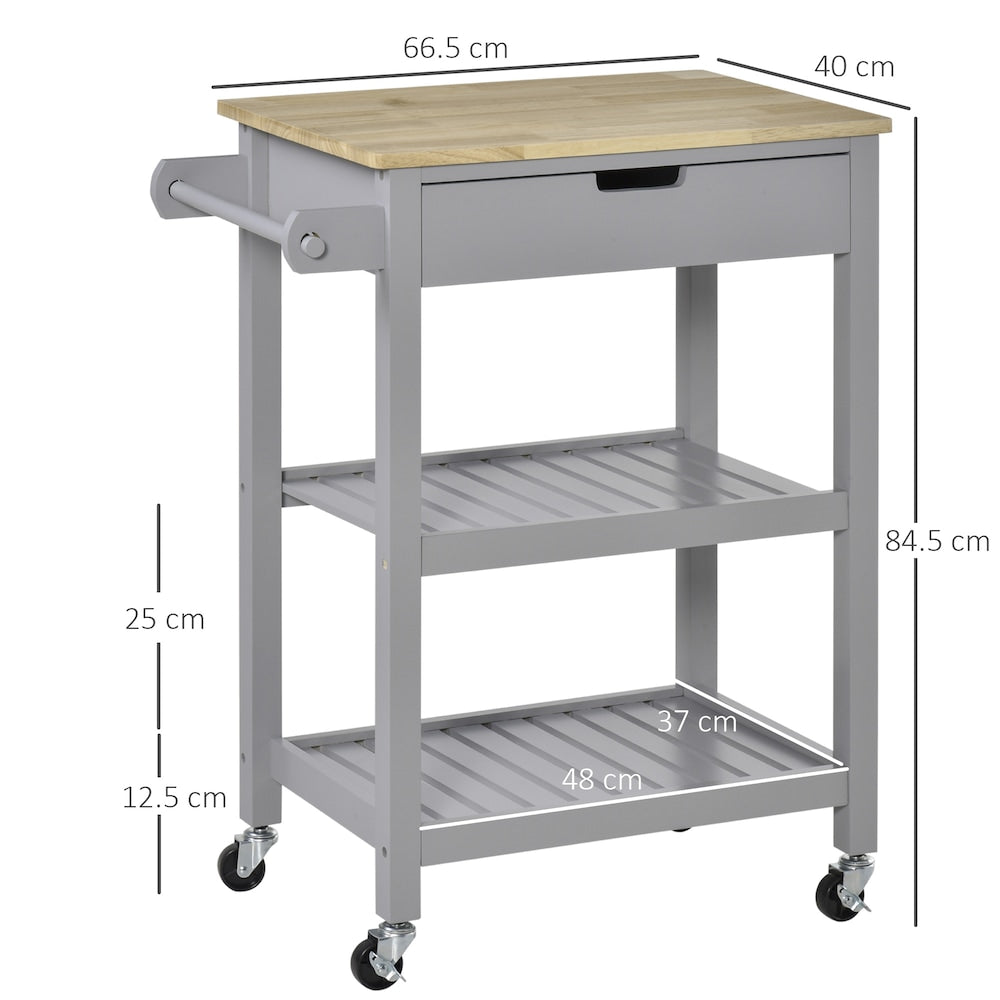 26-inch W Rolling Kitchen Cart with Drawer, Shelves and Towel Rack in Gray