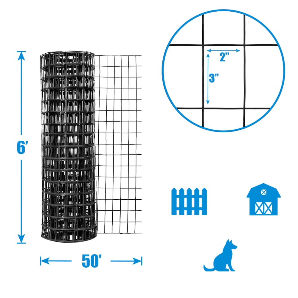 6 feet. x 50 feet. 16-Gauge Black PVC Coated Welded Wire Fence with Mesh Size 3 inch x 2 inch