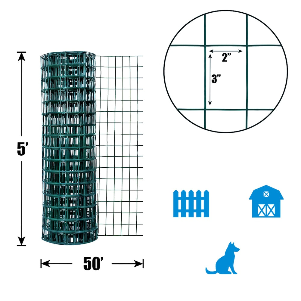 5 feet. x 50 feet. 16-Gauge Green PVC Coated Welded Wire Fence with Mesh Size 3 inch x 2 inch