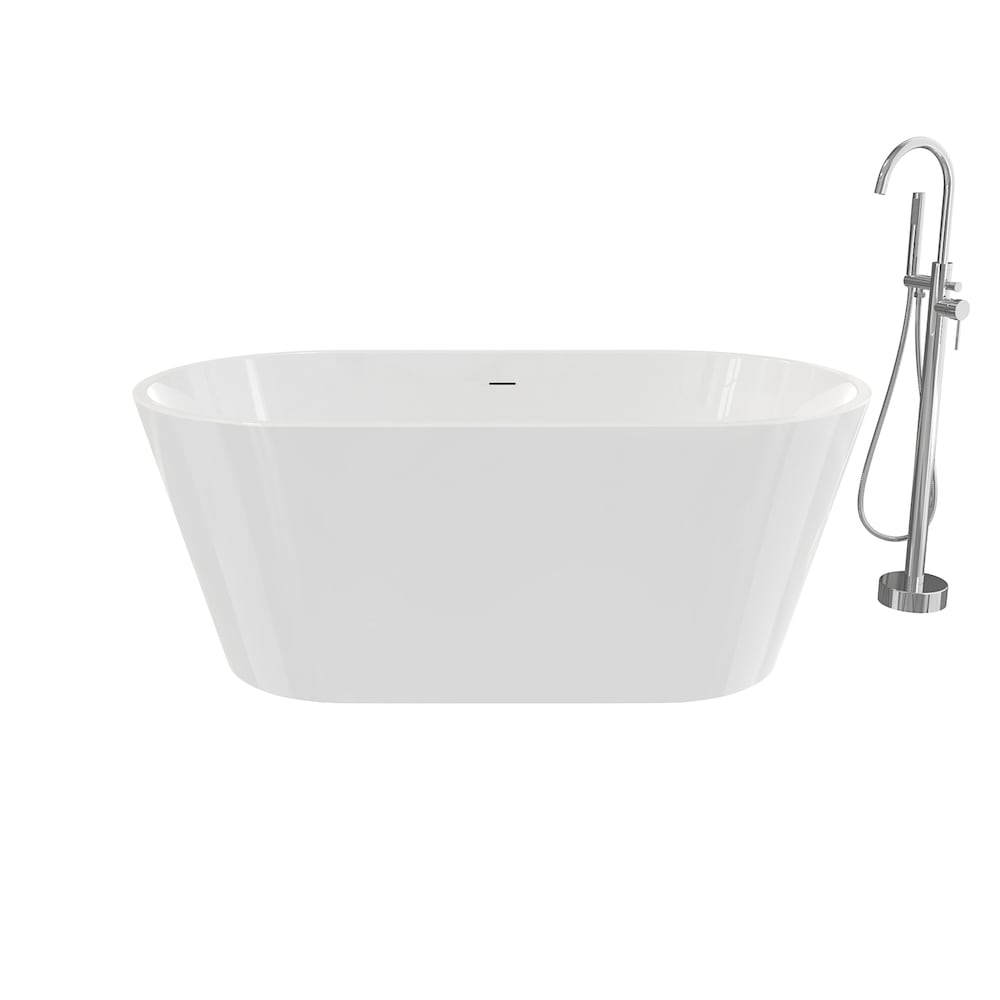 Baignoire autoportante ovale en acrylique Cariso de 60 po L x 30 po l x 24 po H, 1 pièce, drain central, avec robinet de baignoire autoportante à poignée unique Linosa et pomme de douche à main en chrome