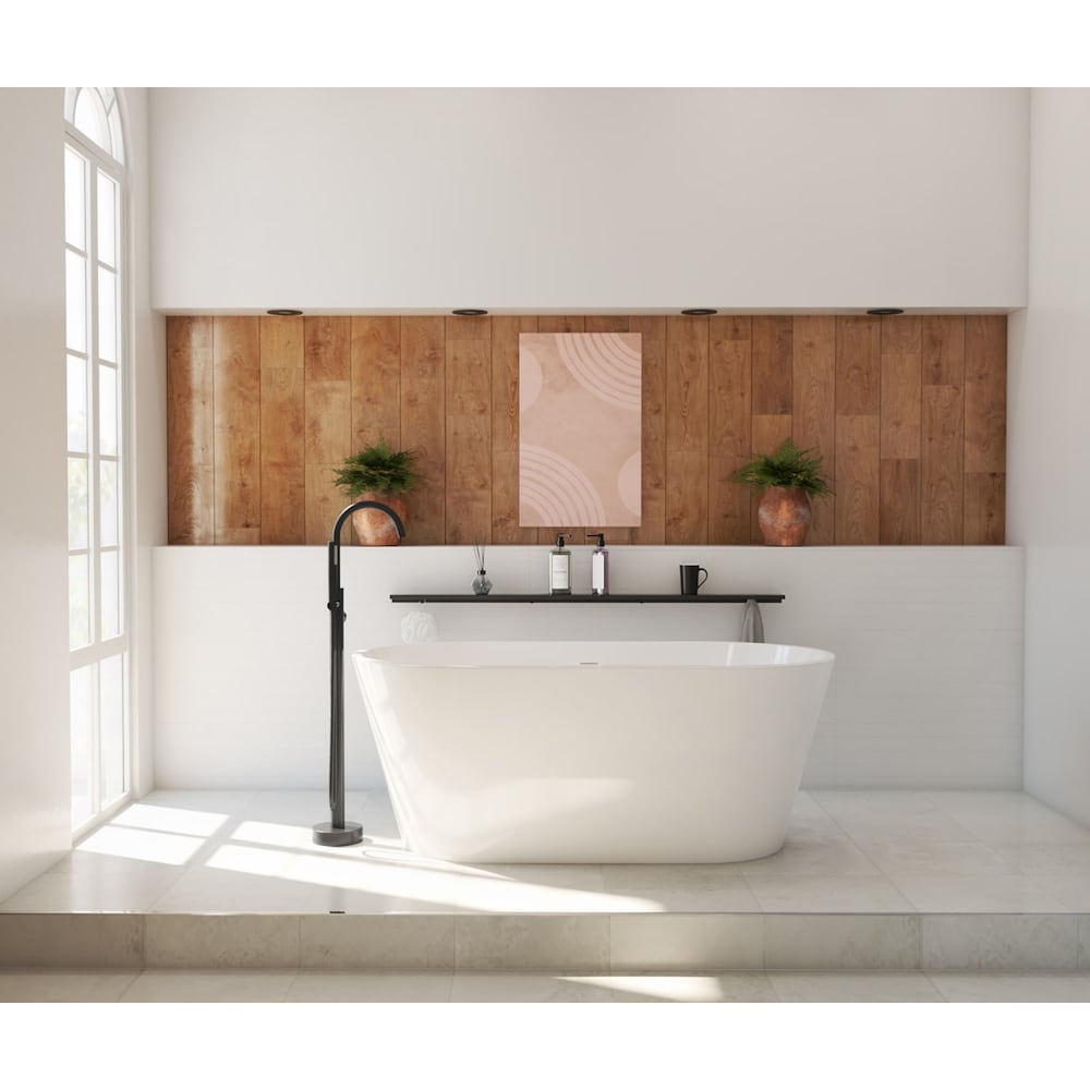 Baignoire autoportante ovale en acrylique Cariso 60 po L x 30 po l x 24 po H, 1 pièce, drain central, avec robinet de baignoire autoportante à poignée unique Linosa et pomme de douche à main en noir mat