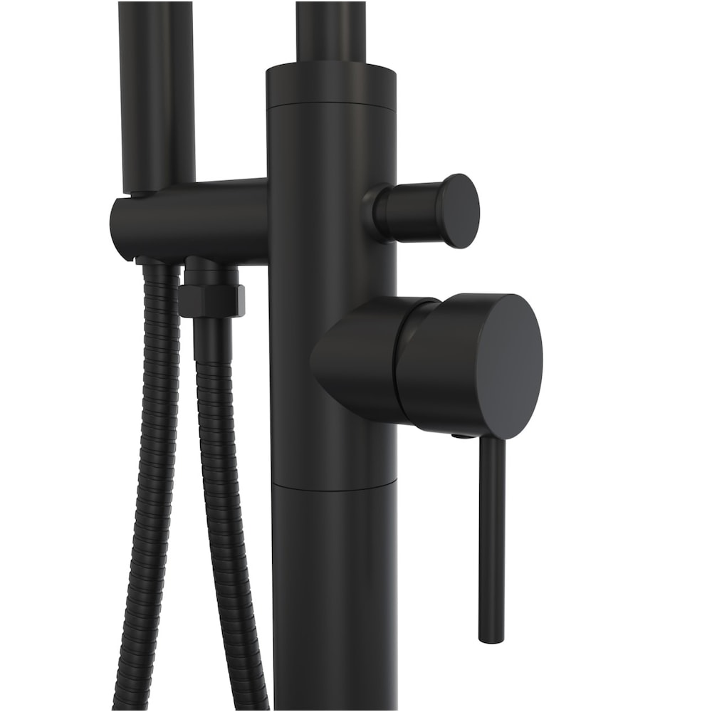 Cariso 67 in. L x 31 in. W x 23 in. H 1-Piece Acrylic Oval Freestanding Bathtub, Center Drain, with Linosa Single Handle Freestanding Bathtub Faucet & Handheld Shower Head in Matte Black