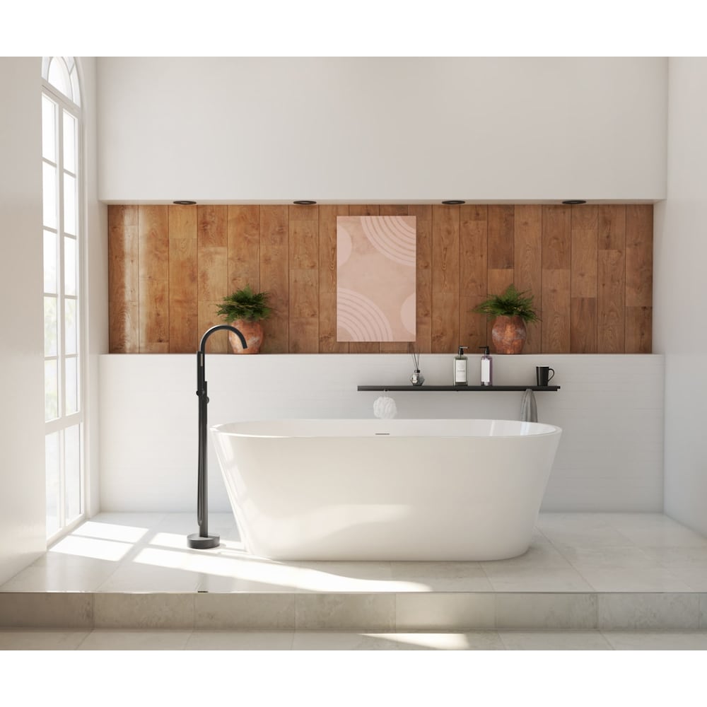 Cariso 67 in. L x 31 in. W x 23 in. H 1-Piece Acrylic Oval Freestanding Bathtub, Center Drain, with Linosa Single Handle Freestanding Bathtub Faucet & Handheld Shower Head in Matte Black