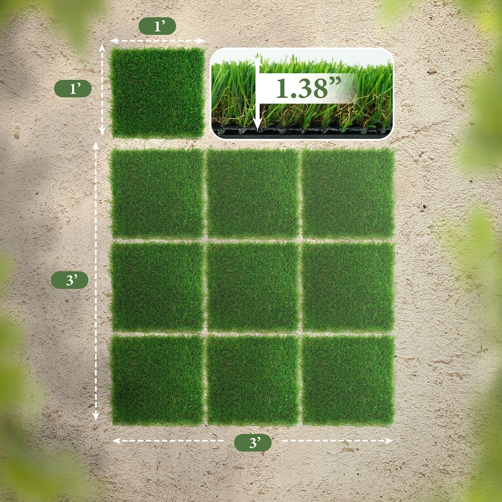 1 ft. x 1 ft. Artificial Grass Tiles, Self-Draining Interlocking, Set of 9, Covers 9 sq. ft.