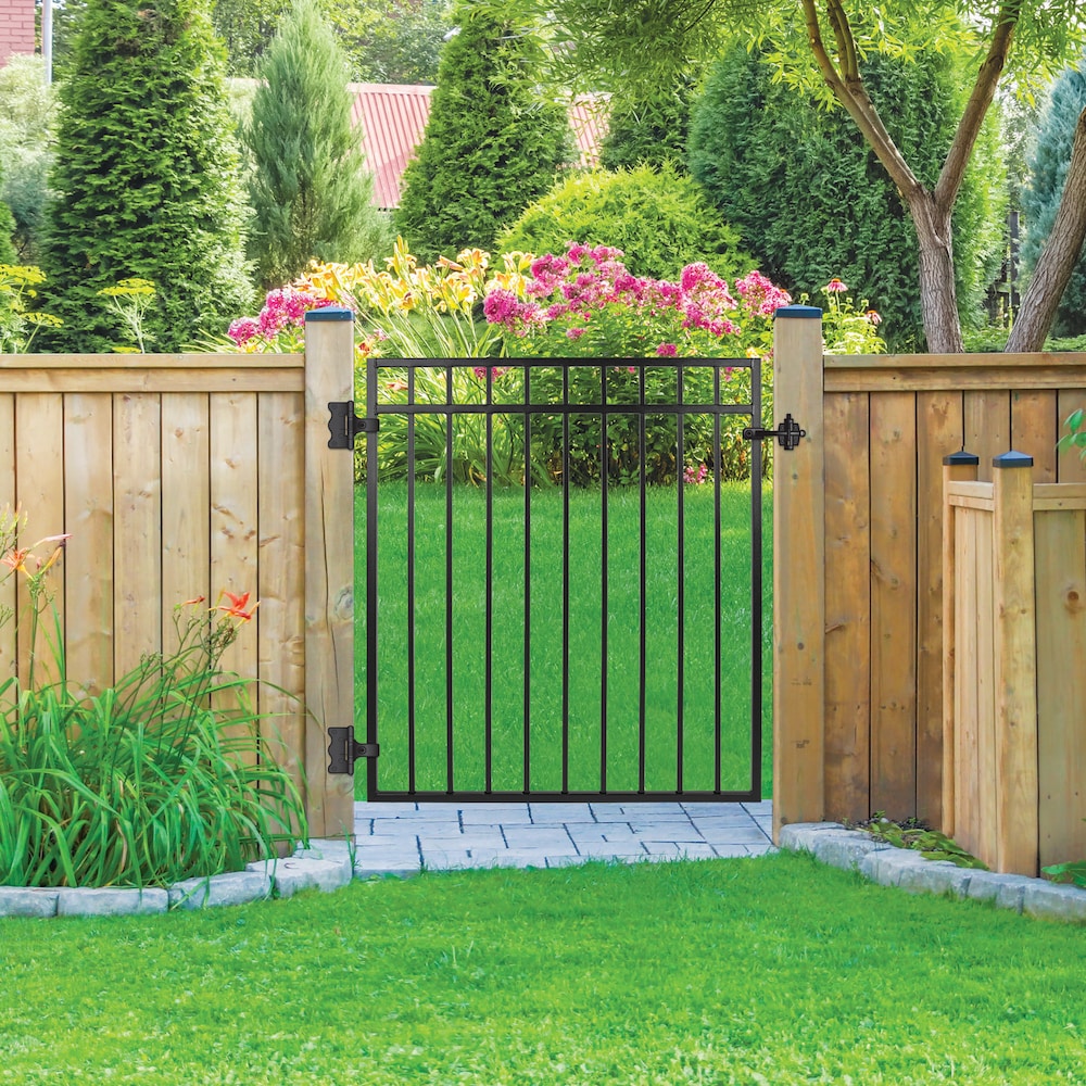 3.75 feet. x 3.83 feet. Coral Profile Black Iron Flat Top Fence Gate