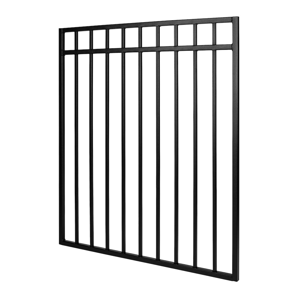 3.75 feet. x 3.83 feet. Coral Profile Black Iron Flat Top Fence Gate