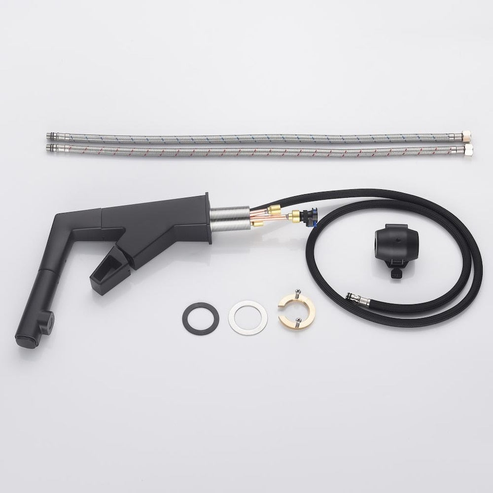 WBF2 Matte Black Single Hole Bathroom Sink Faucet with Single Handle and Pull Out Sprayer