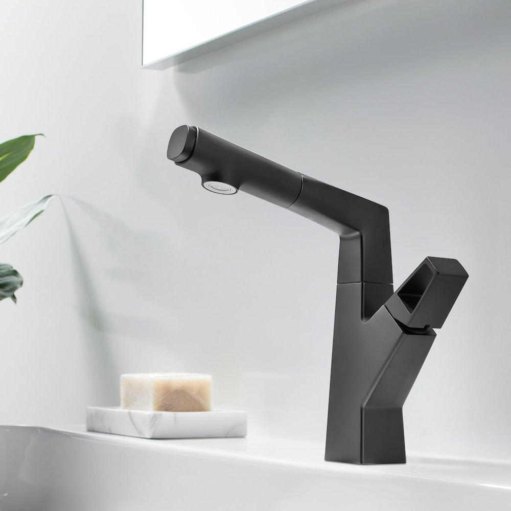 WBF2 Matte Black Single Hole Bathroom Sink Faucet with Single Handle and Pull Out Sprayer