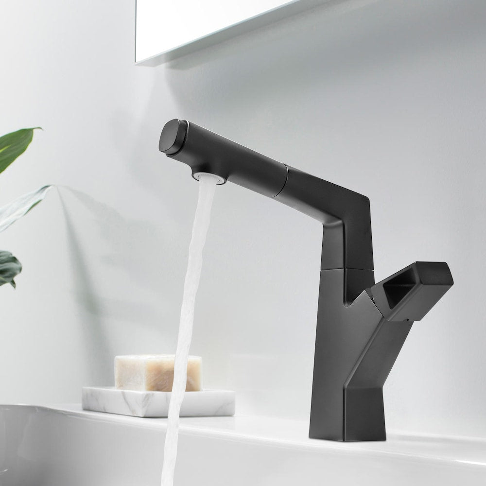 WBF2 Matte Black Single Hole Bathroom Sink Faucet with Single Handle and Pull Out Sprayer