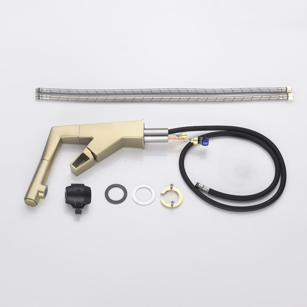WBF2 Brushed Gold Single Hole Bathroom Sink Faucet with Single Handle and Pull Out Sprayer