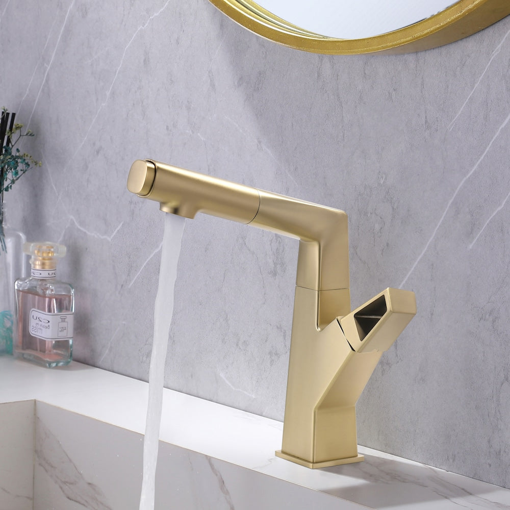 WBF2 Brushed Gold Single Hole Bathroom Sink Faucet with Single Handle and Pull Out Sprayer